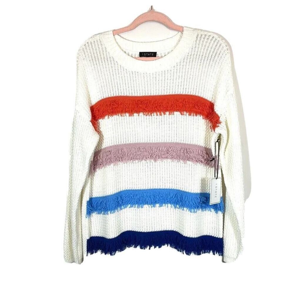 NWT 1.STATE Textured Fringe Striped Cotton Knit Sweater Multi-Color Boho coastal